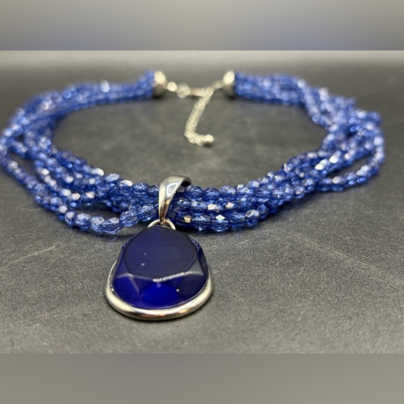 Multi Strand Blue Beaded Faux Gemstone Pendant Choker Necklace, Jewelry Gifts - Picture 10 of 12
